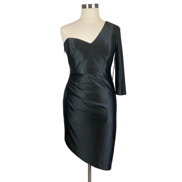 Aidan Mattox Satin One Shoulder Mini Sheath Cocktail Dress Black Size 12 - Picture 1 of 12